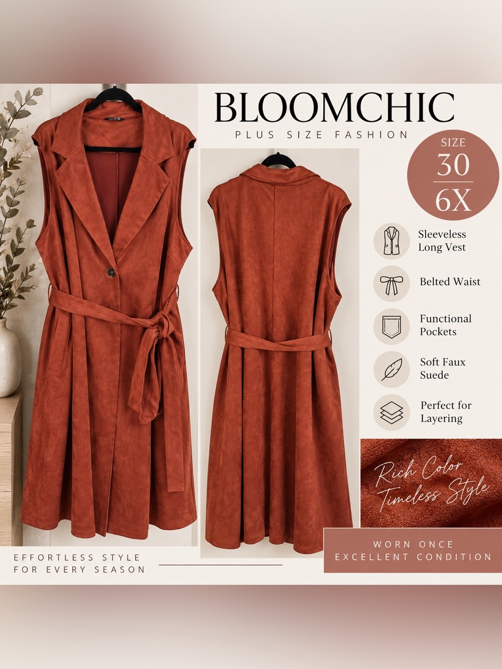BloomChic Plus Size 30/6X Rust Faux Suede Belted Long Vest Coat